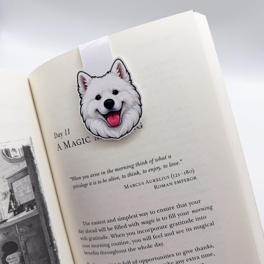 Dull days are brightened by this joyful samoyed bookmark, made for morning journalers, quiet motivators, and slow coffee readers.