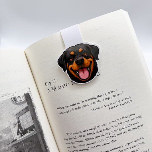 Scattered focus meets steady support in this Rottweiler design, made for loyal thinkers and page-holders.