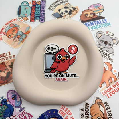 Distracted minds meet reconnection in this Australian mute sticker. Ideal for work-from-home days and remote fatigue.