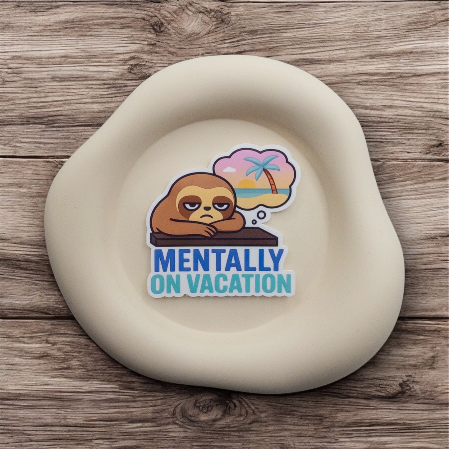 Drained minds meet slow release in this Australian sloth sticker. Mentally On Vacation is a soft escape for burnout brains and desk-bound dreamers. — Handmade sticker — Perth, Australia