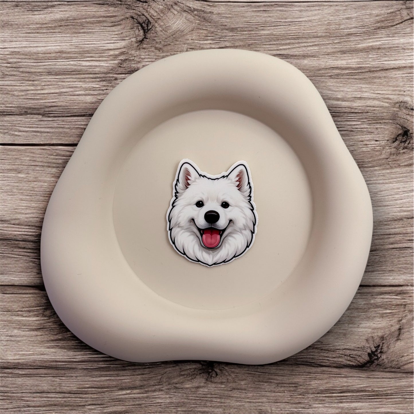This cheerful Samoyed sticker brings softness to burnout. Made for quiet carers, emotional givers and introverts who smile through stress. — Handmade sticker — Perth, Australia