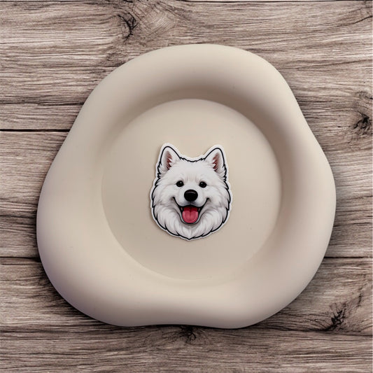 This cheerful Samoyed sticker brings softness to burnout. Made for quiet carers, emotional givers and introverts who smile through stress.
