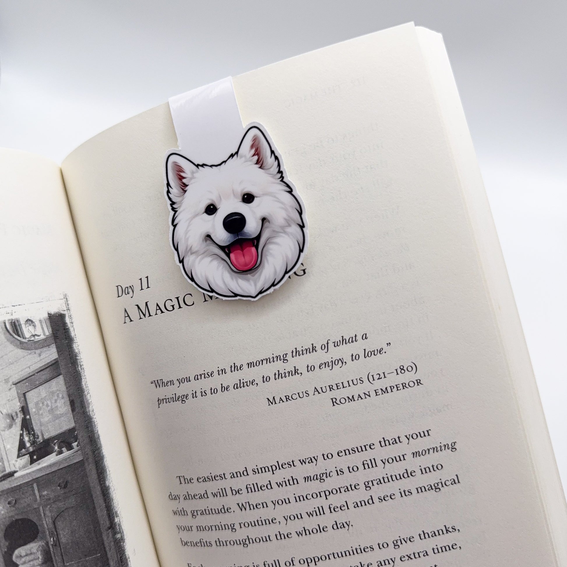 Dull days are brightened by this joyful samoyed bookmark, made for morning journalers, quiet motivators, and slow coffee readers.