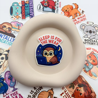 Insomnia meets owl-level acceptance in this Australian night-themed sticker. A gentle emblem for night-paced creatives.