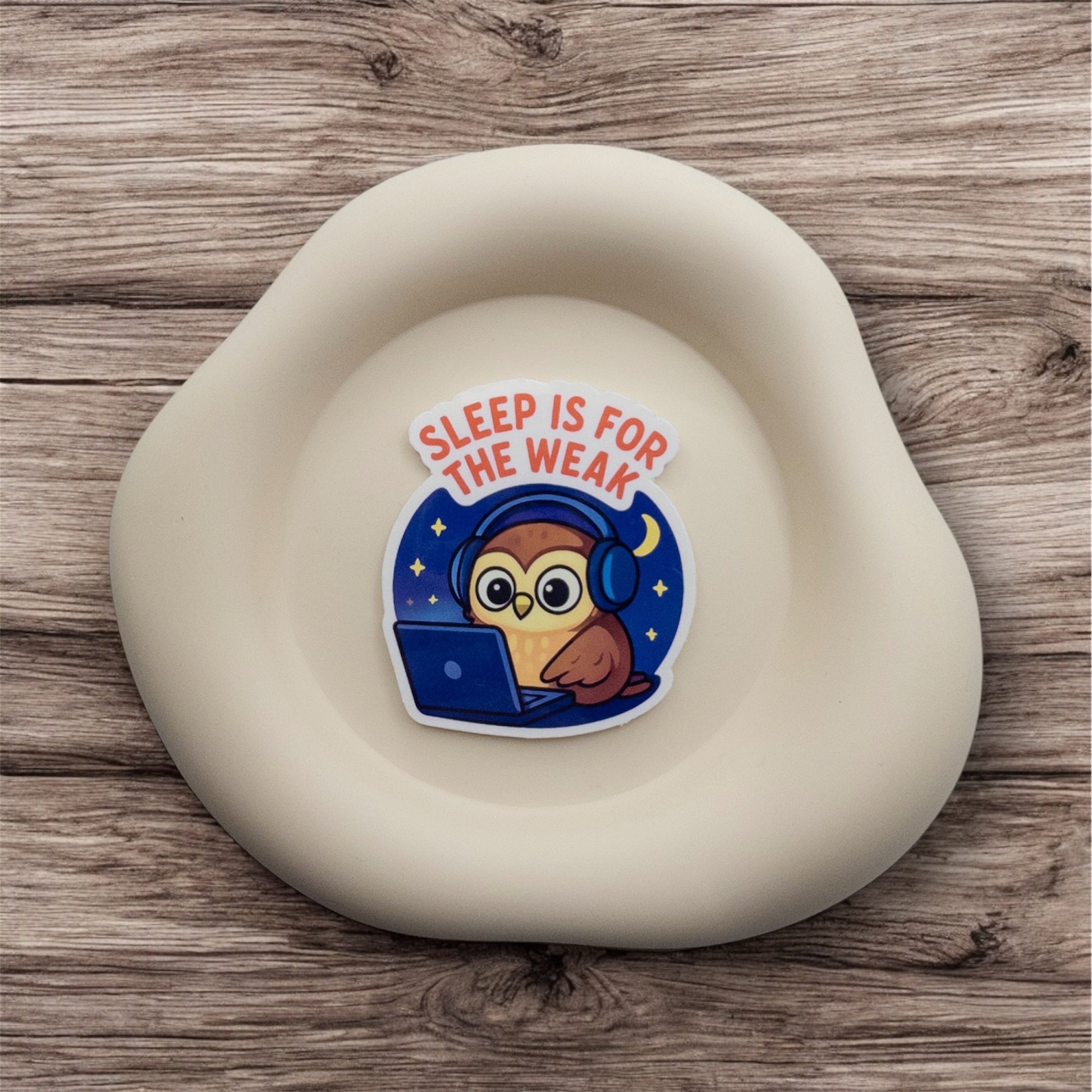 Late-night focus meets owl stillness in this handmade Australian sticker. Created for wired minds who feel most alive when the world sleeps.