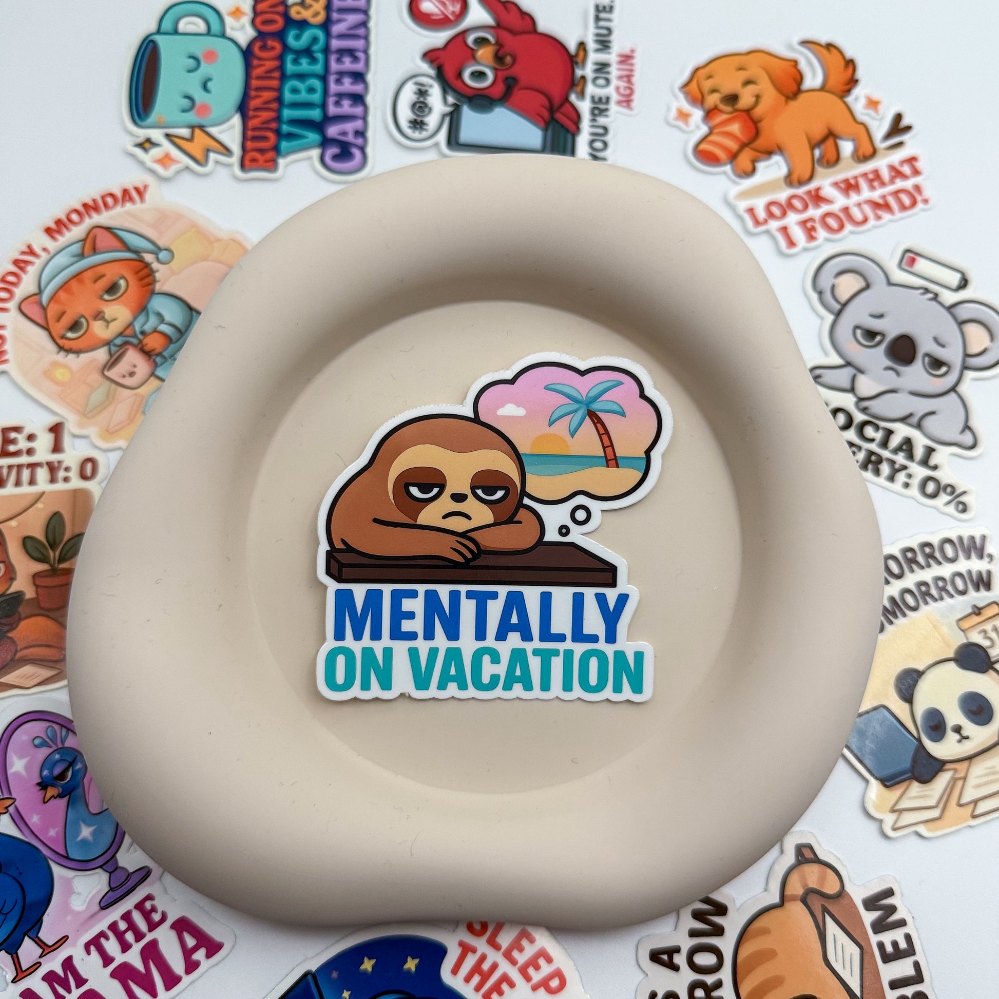 Mentally checked-out and dreaming of a beach? This Aussie quote sticker with a sloth at a desk captures the burnout blues with a wink.