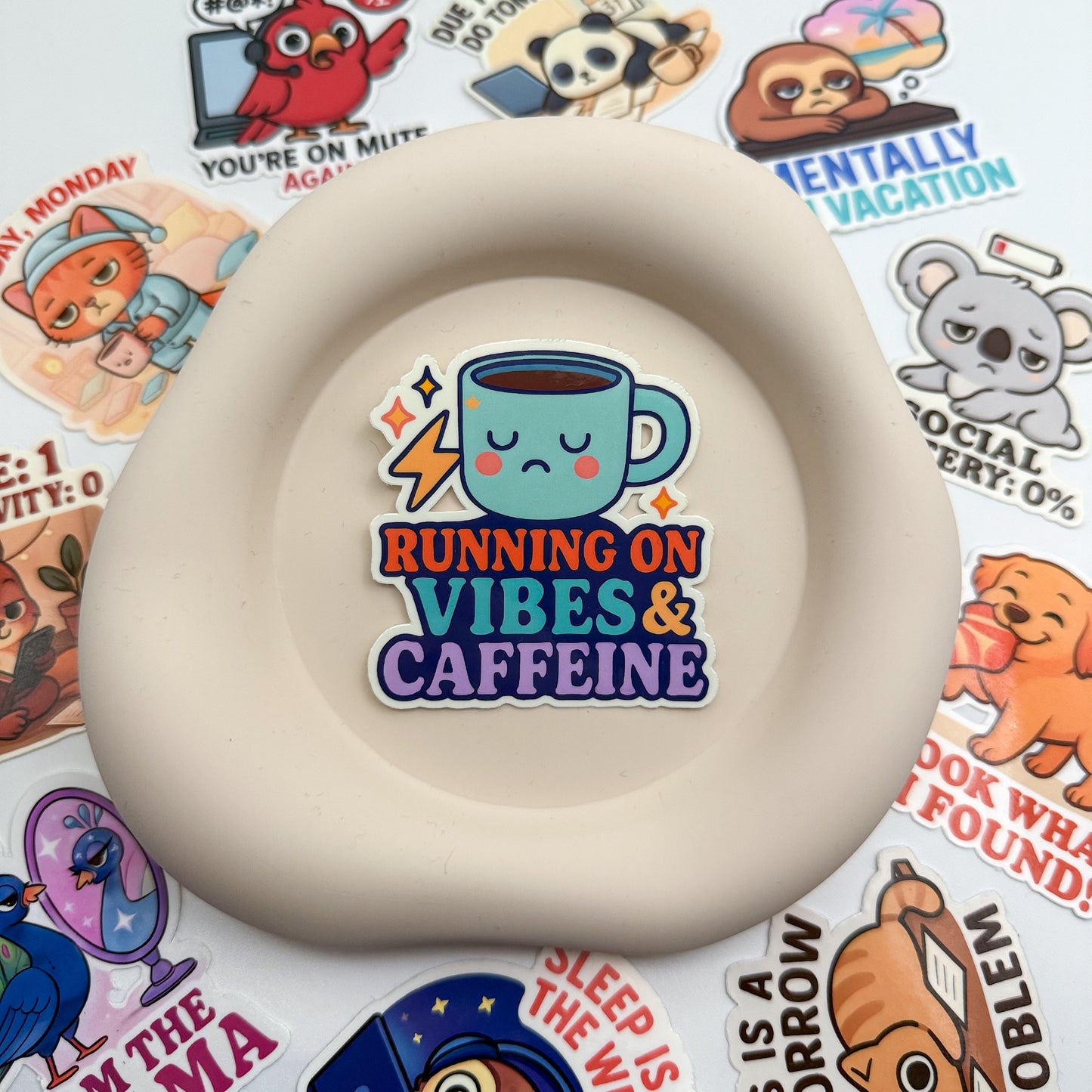 Overloaded mood meets steady sips in this Australian caffeine sticker. A visual sigh for hustle-weary souls. — Handmade sticker — Perth, Australia