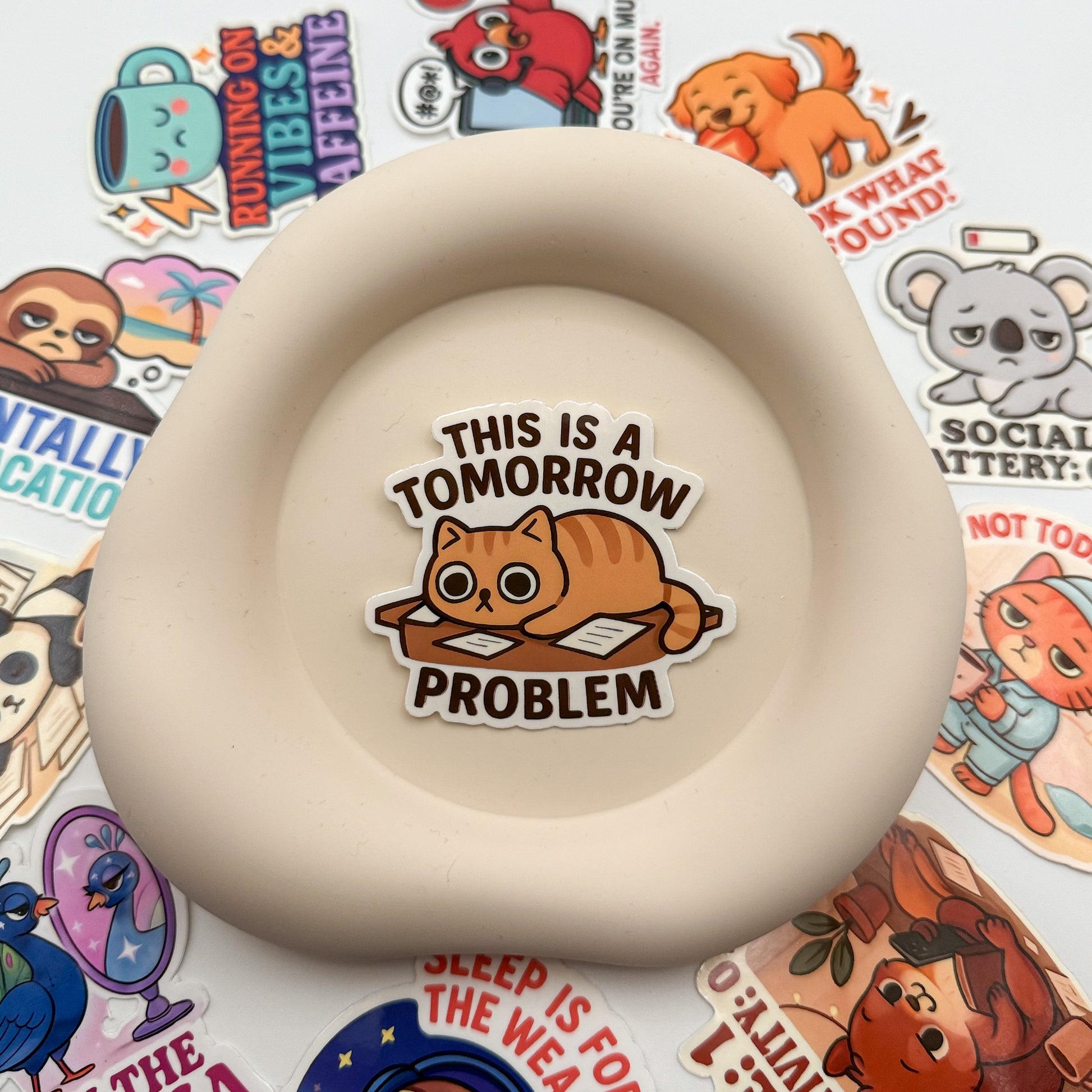 This Tomorrow Problem quote sticker invites you to shelve it softly. Handmade in Australia for busy brains.
