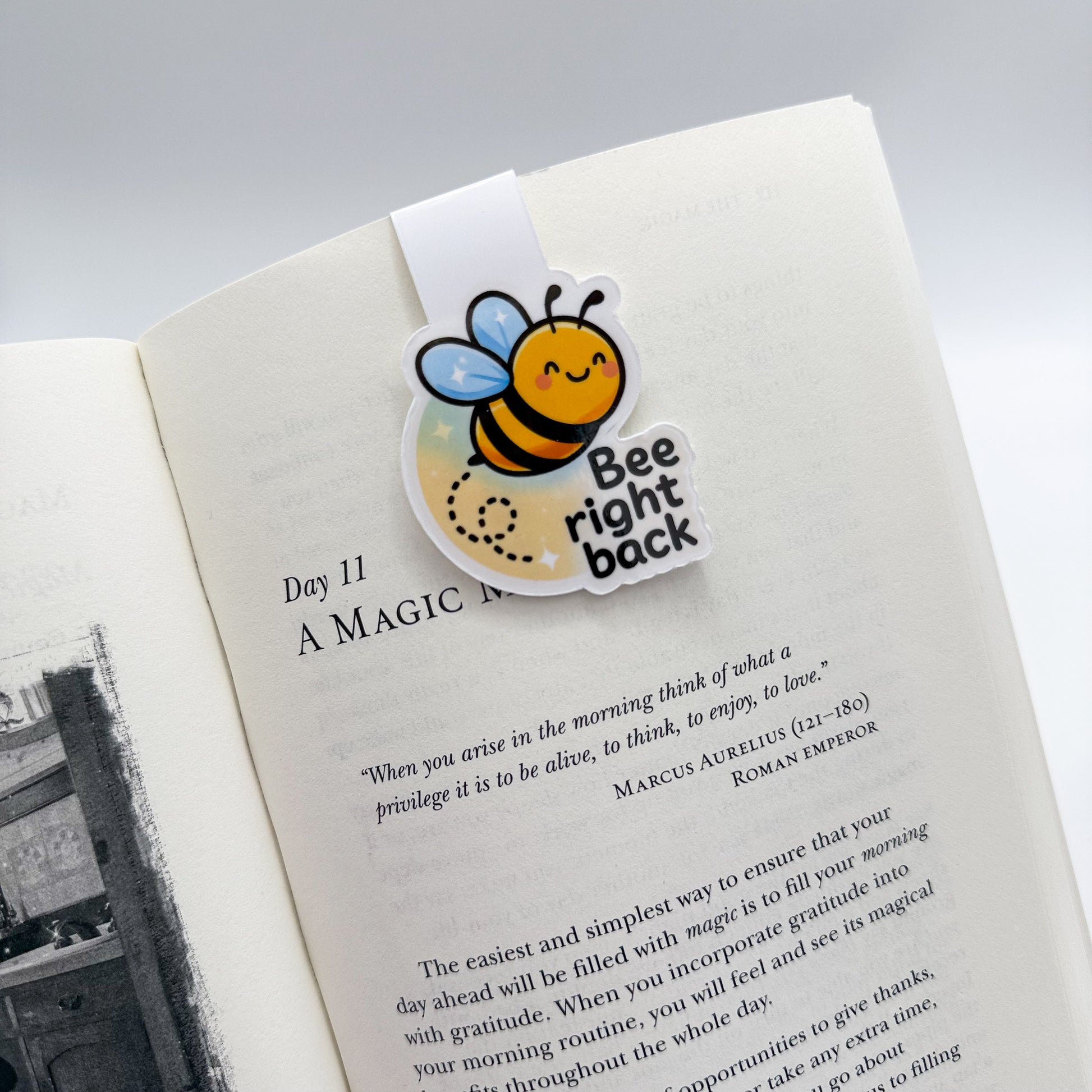 Emotionally rushed? This bee pageholder offers a soft landing for writers, students and cozy readers needing space before they come back.