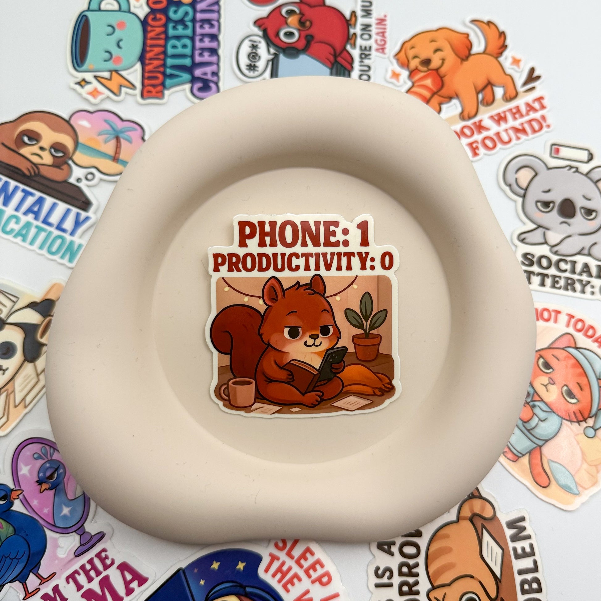 Feeling screenburn? This handmade squirrel sticker from Australia reminds you to stop, sip, and shift your energy back to center.